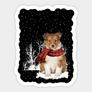 Christmas Shetland Sheepdog With Scarf In Winter Forest Sticker
